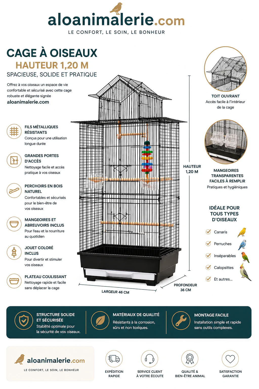 Cage à Oiseaux Premium 1,20 m – Aloanimalerie – Image 3