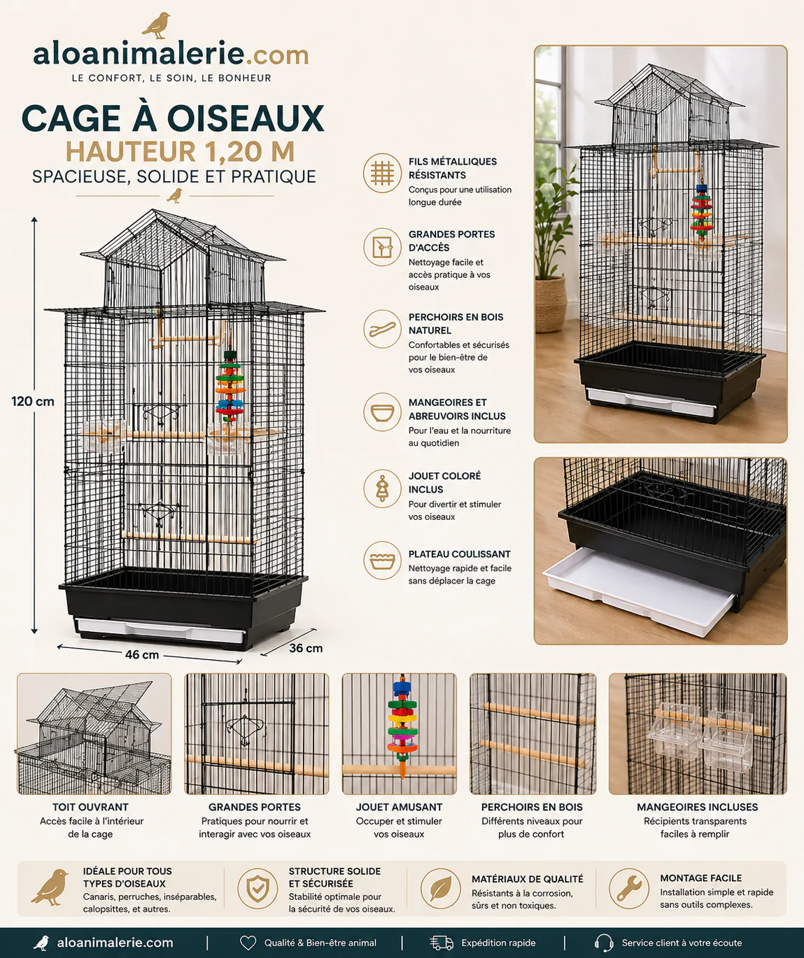 Cage à Oiseaux Premium 1,20 m – Aloanimalerie – Image 2