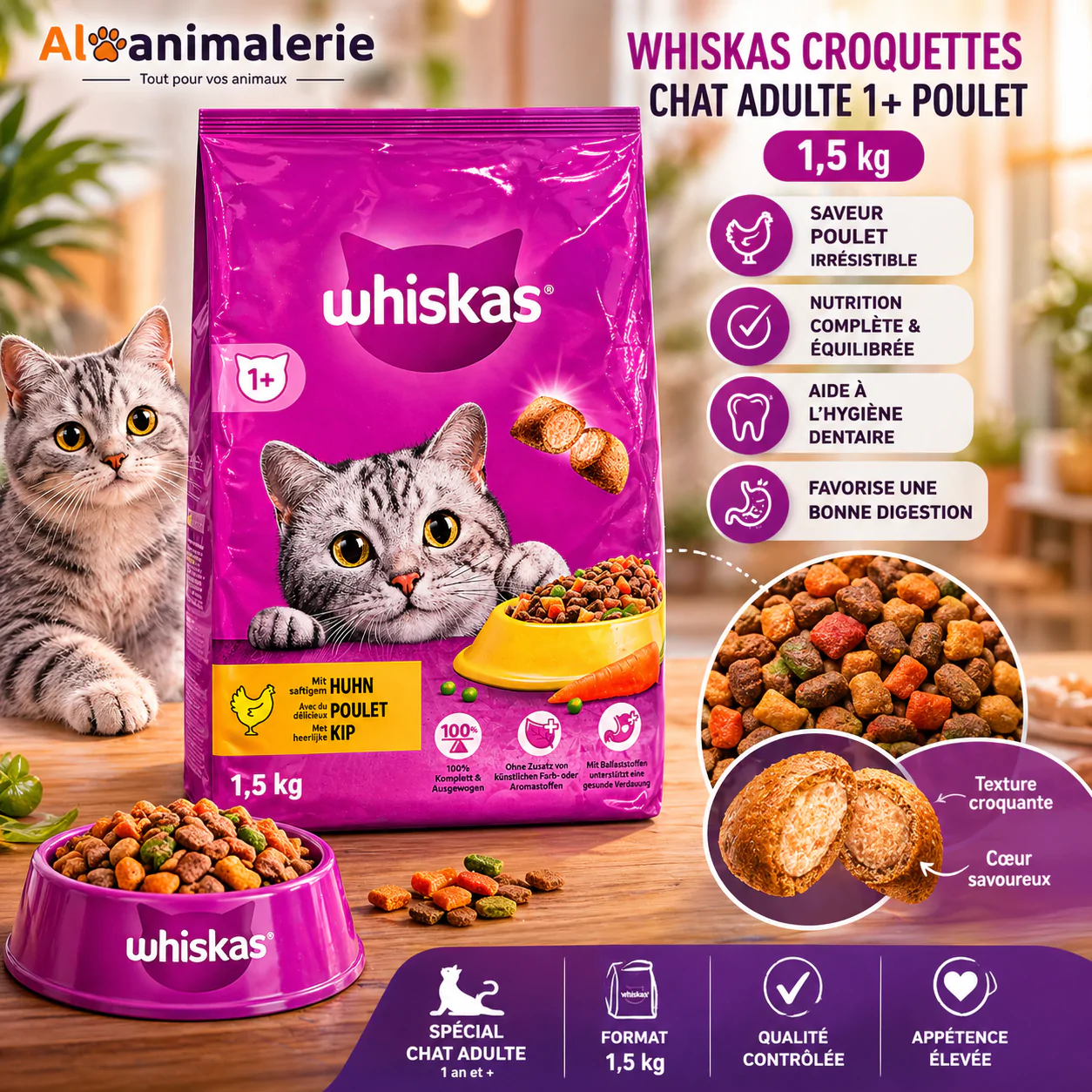⁦Whiskas Poulet – Premium pour Chat Adulte 1+ – 1,5kg⁩ - الصورة ⁦2⁩